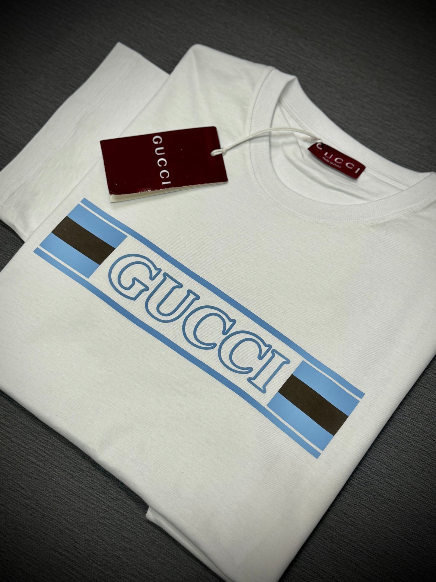 CAMISETA TURCA GUCCI BLANCA LOGO AZUL