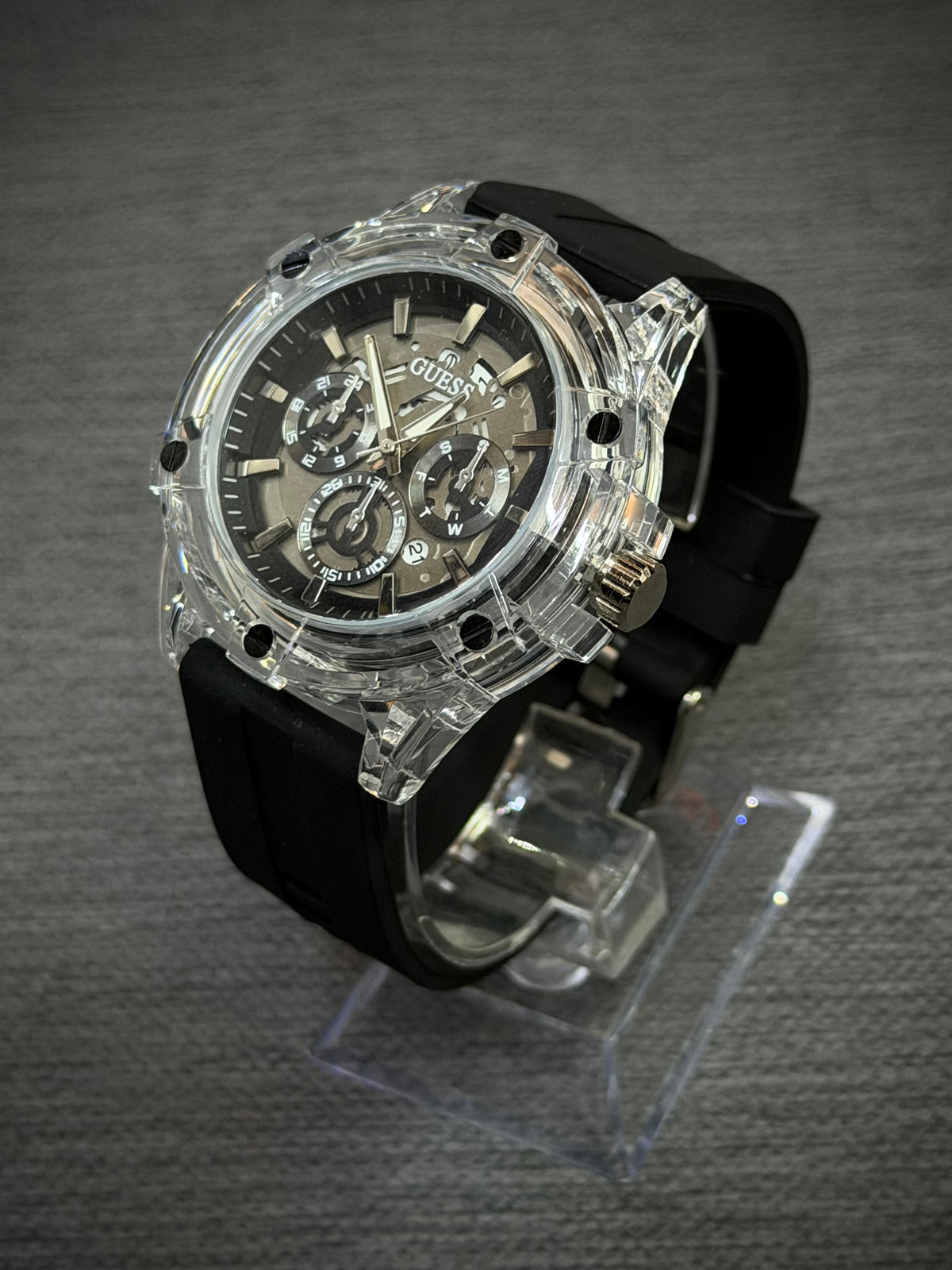 RELOJ GUESS NEGRO TRANSPARENTE