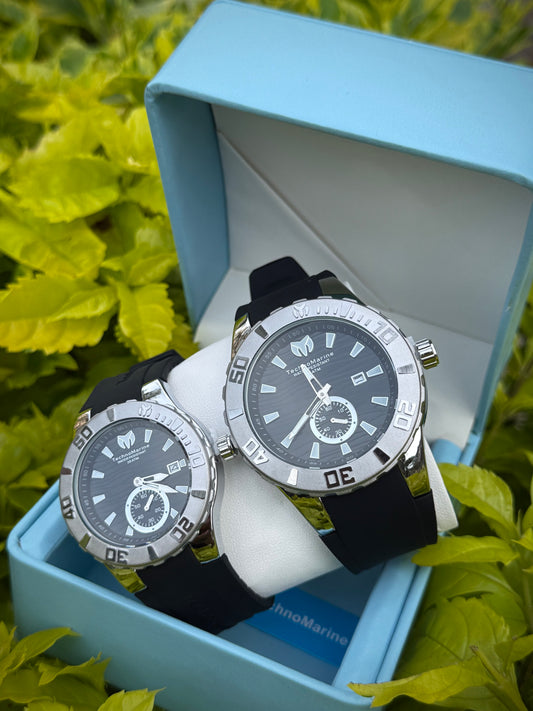 RELOJES TECHNOMARINE PAREJA NEGRO PLATEADO