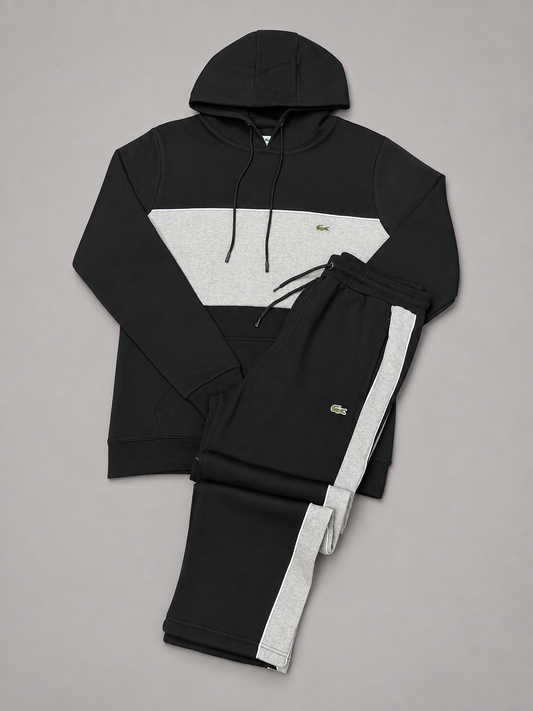CONJUNTO LACOSTE NEGRO LÍNEA GRIS